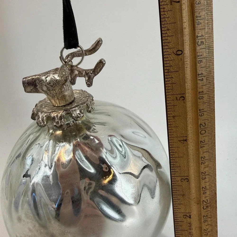Mercury Glass Ornament Silver‎ Stag Deer Head Hammered Bauble